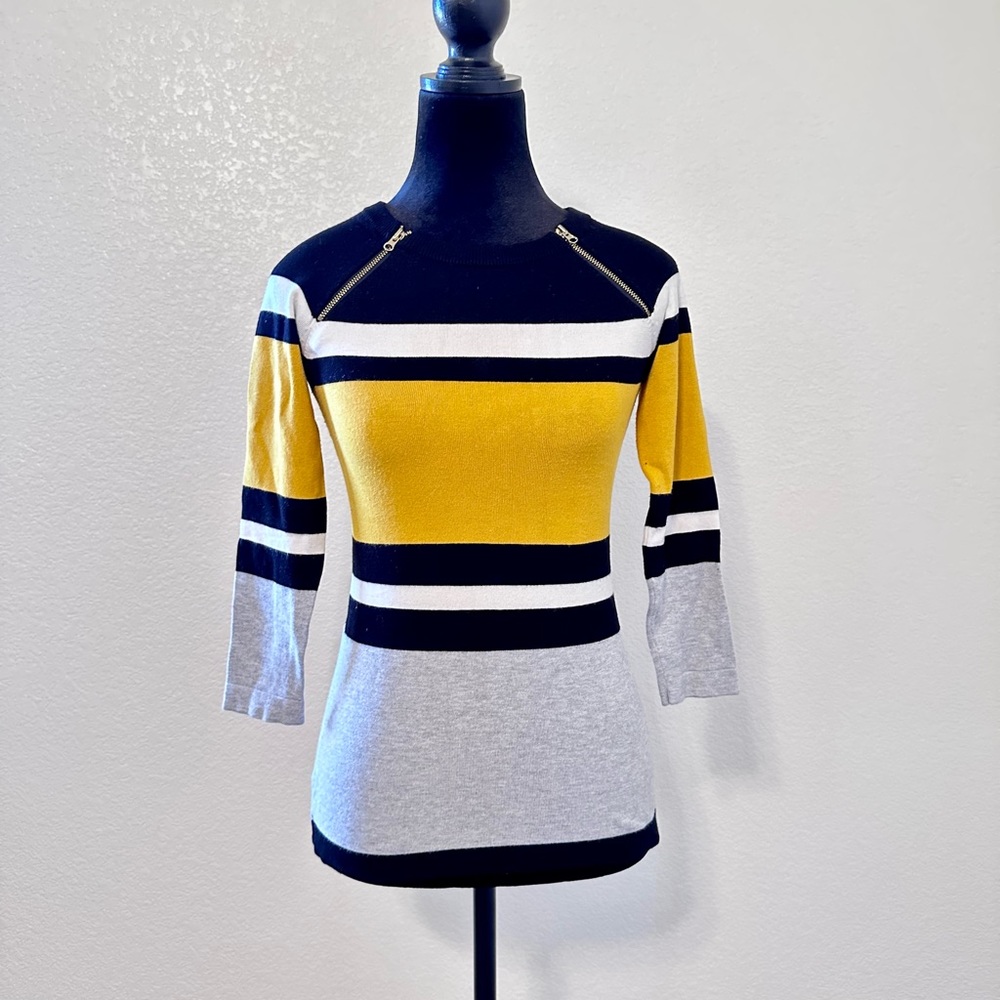INC Colored Striped 3/4 Sleeve Sweater with Golden Zipper Design